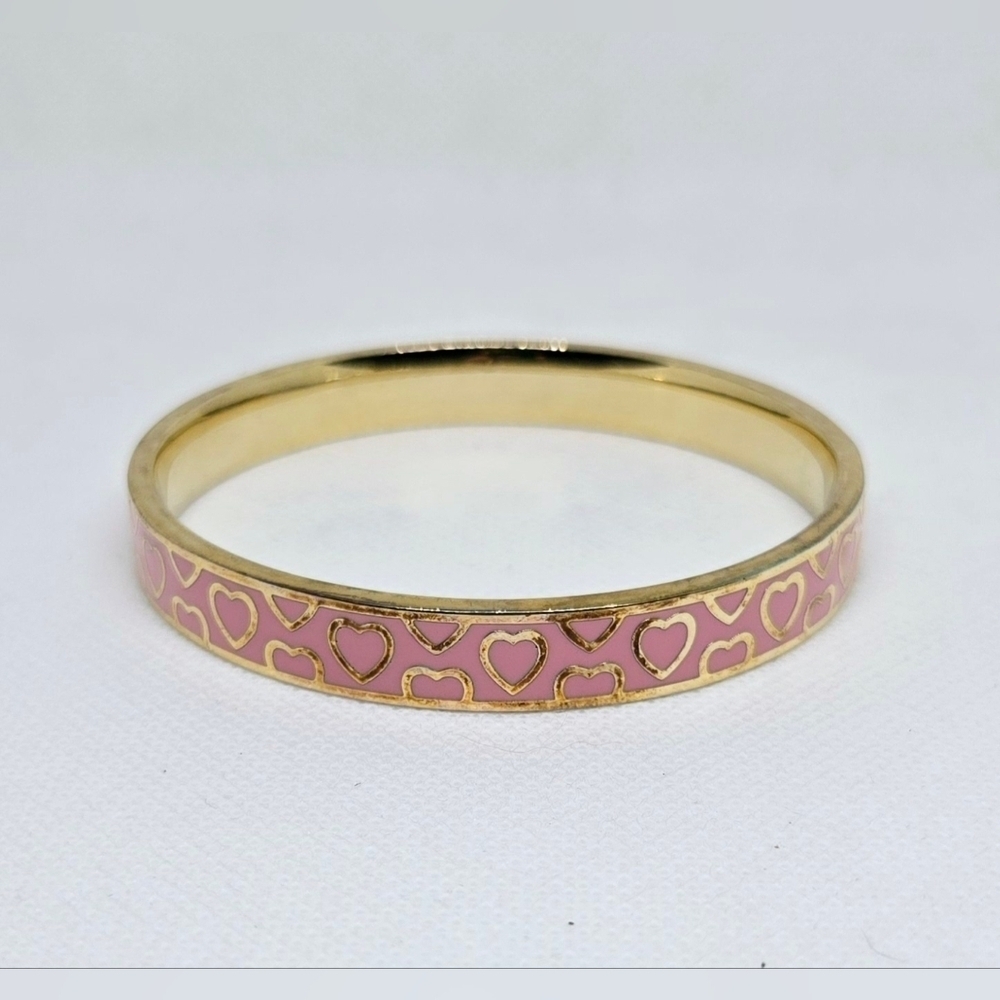 Gold Pink Heart Enamel Bangle Bracelet Chic Romantic Jewelry
